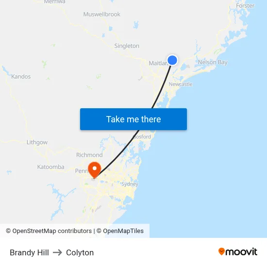 Brandy Hill to Colyton map