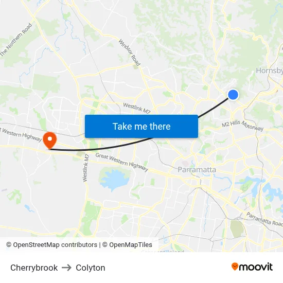 Cherrybrook to Colyton map
