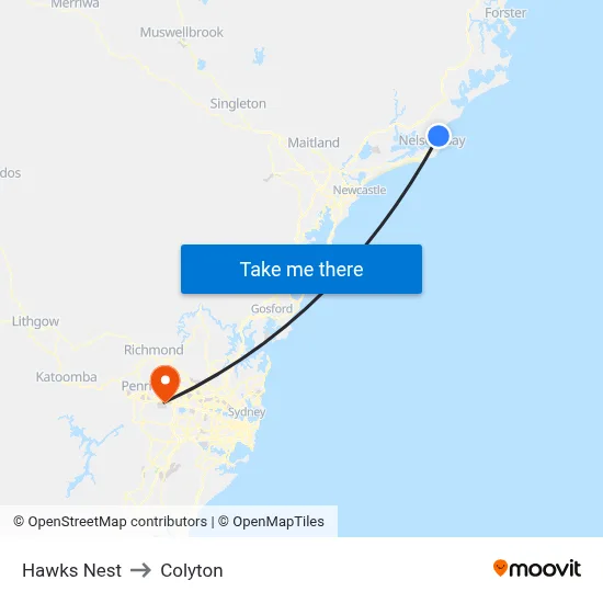 Hawks Nest to Colyton map