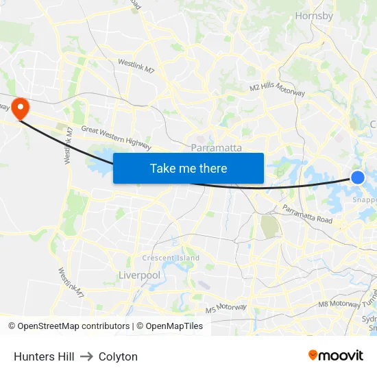 Hunters Hill to Colyton map