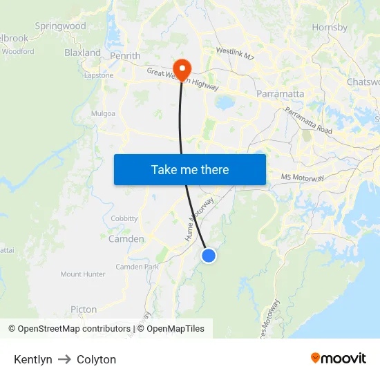 Kentlyn to Colyton map