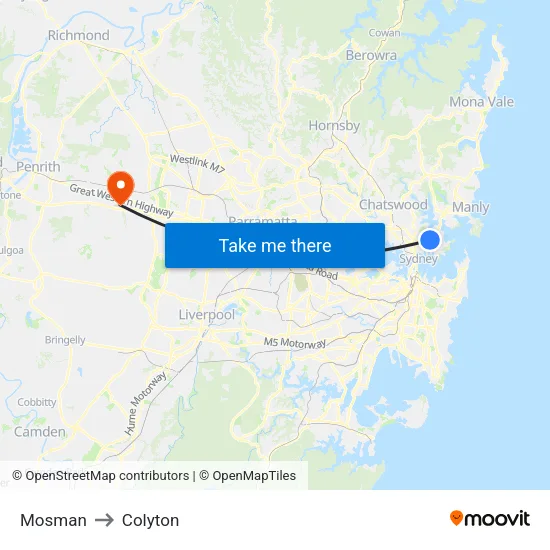 Mosman to Colyton map