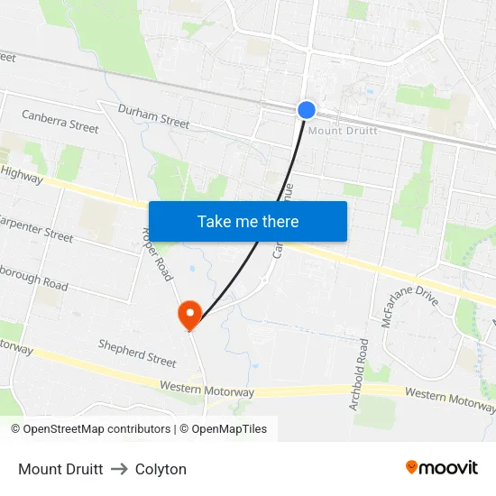 Mount Druitt to Colyton map