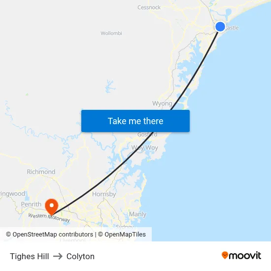 Tighes Hill to Colyton map