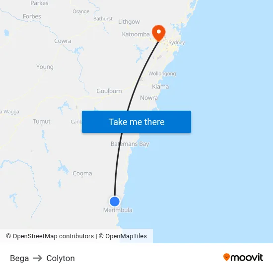 Bega to Colyton map