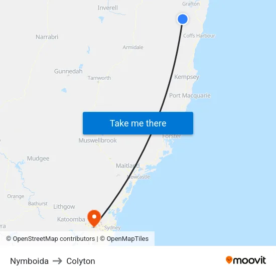 Nymboida to Colyton map