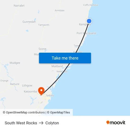 South West Rocks to Colyton map