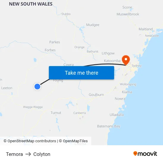 Temora to Colyton map