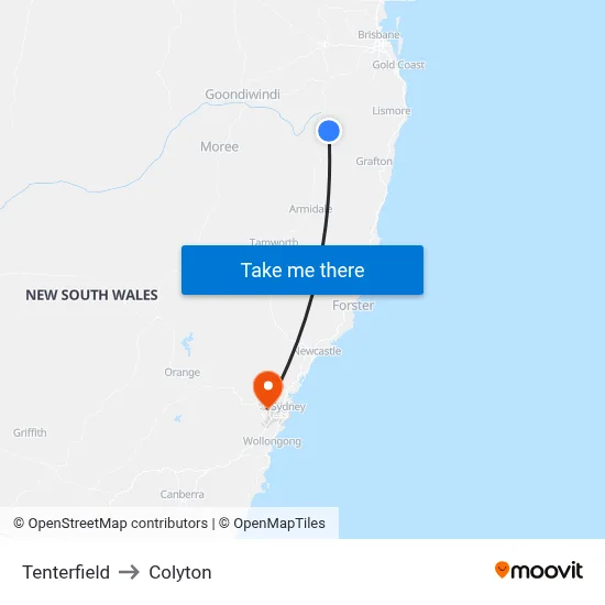 Tenterfield to Colyton map