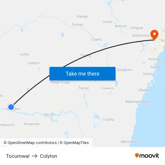 Tocumwal to Colyton map