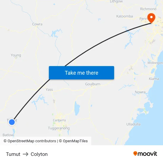 Tumut to Colyton map
