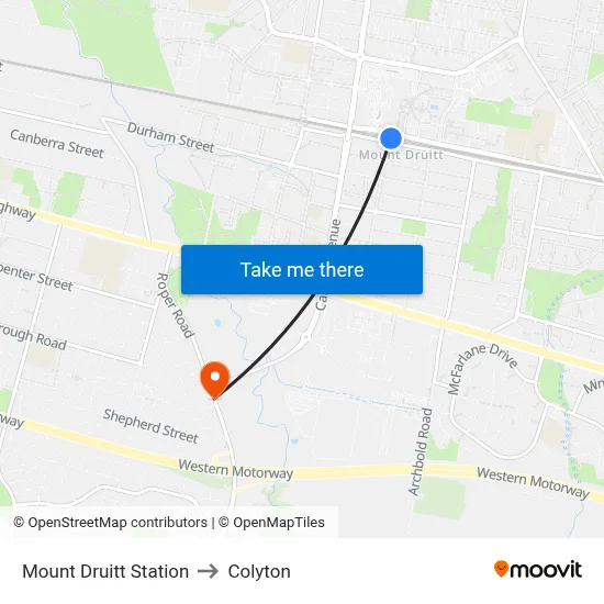 Mount Druitt Station to Colyton map