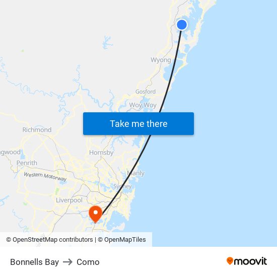 Bonnells Bay to Como map