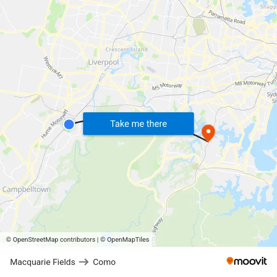 Macquarie Fields to Como map