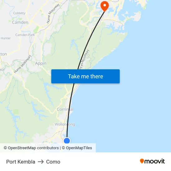 Port Kembla to Como map