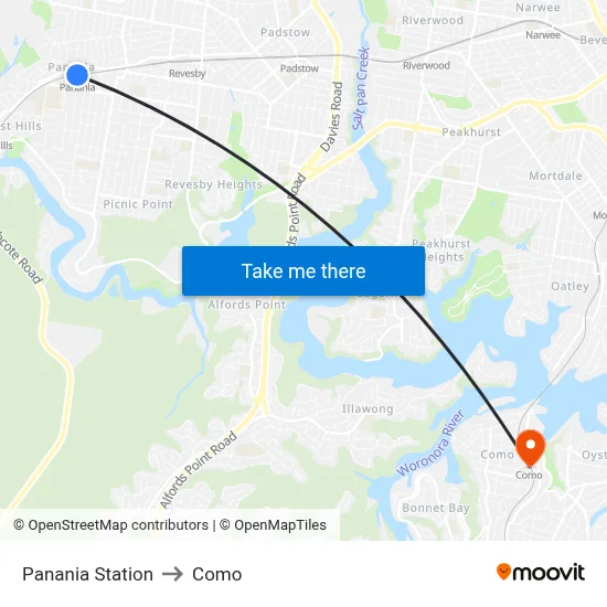 Panania Station to Como map