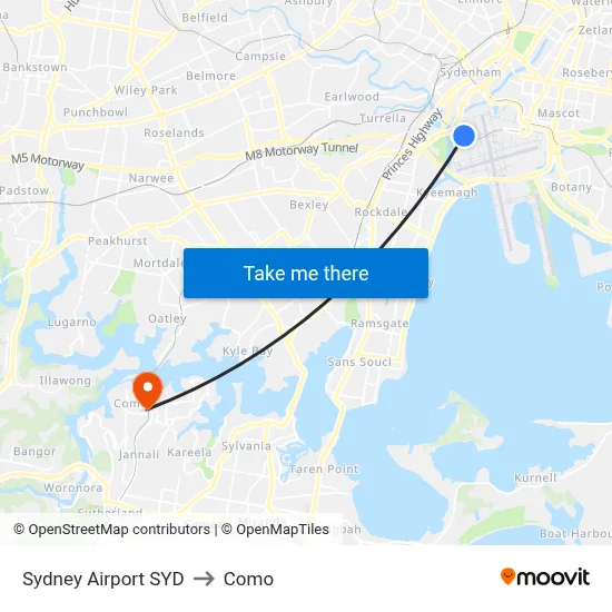 Sydney Airport SYD to Como map