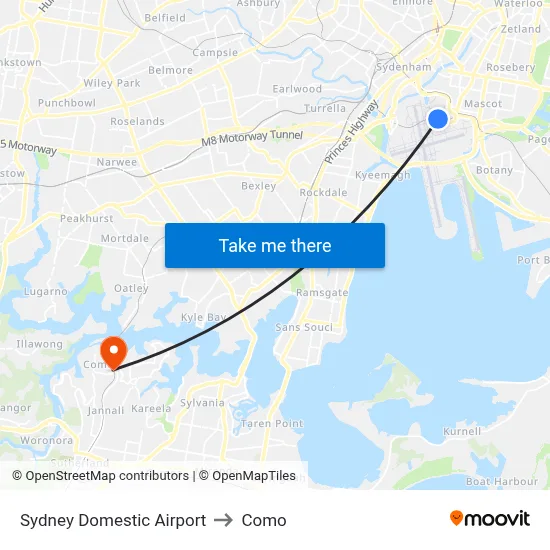Sydney Domestic Airport to Como map