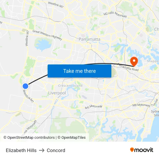 Elizabeth Hills to Concord map