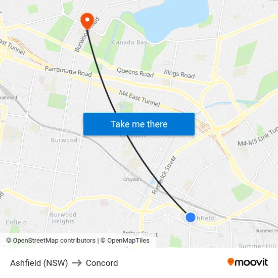 Ashfield (NSW) to Concord map
