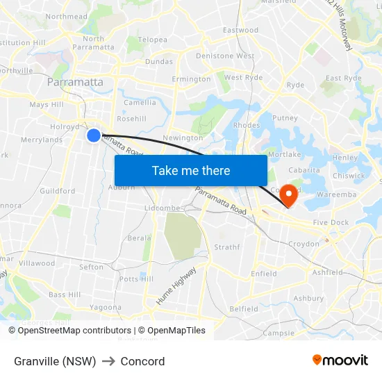 Granville (NSW) to Concord map