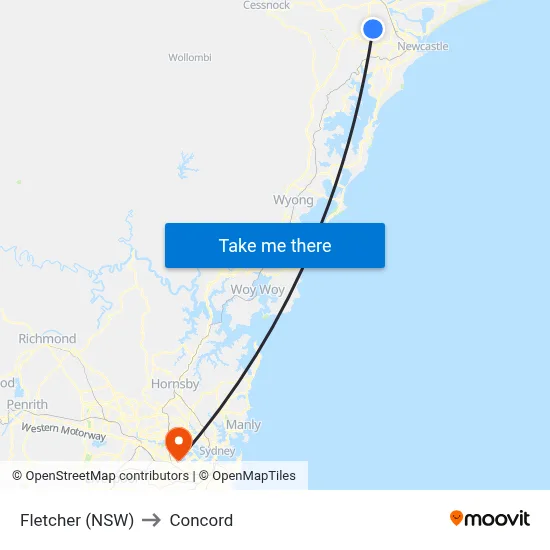 Fletcher (NSW) to Concord map