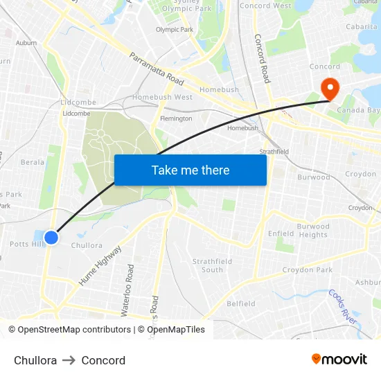 Chullora to Concord map