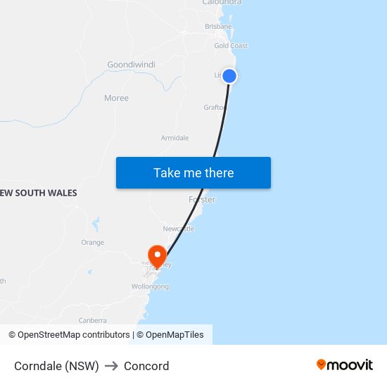 Corndale (NSW) to Concord map