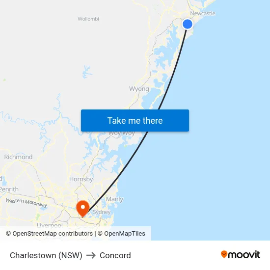 Charlestown (NSW) to Concord map