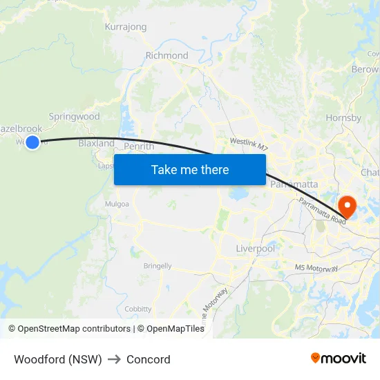 Woodford (NSW) to Concord map