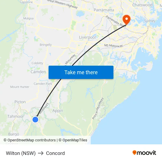 Wilton (NSW) to Concord map