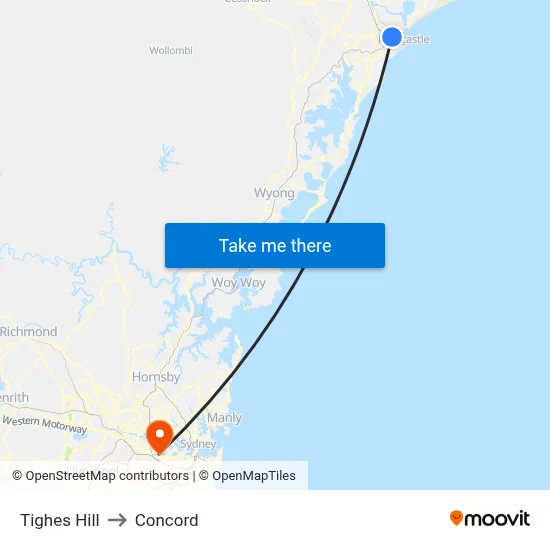 Tighes Hill to Concord map