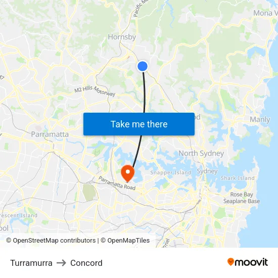 Turramurra to Concord map