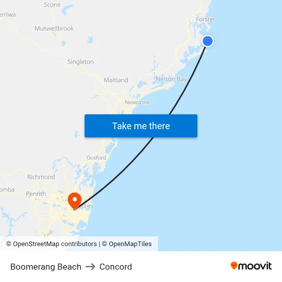 Boomerang Beach to Concord map