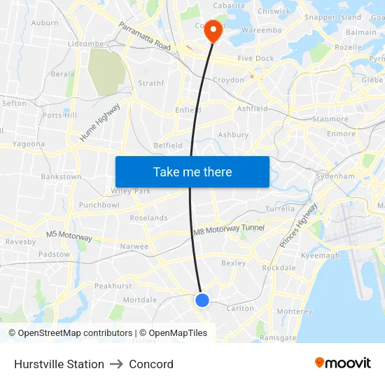 Hurstville Station to Concord map