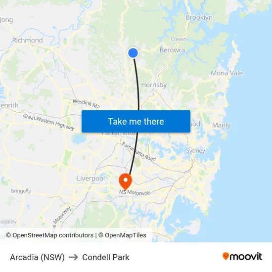 Arcadia (NSW) to Condell Park map