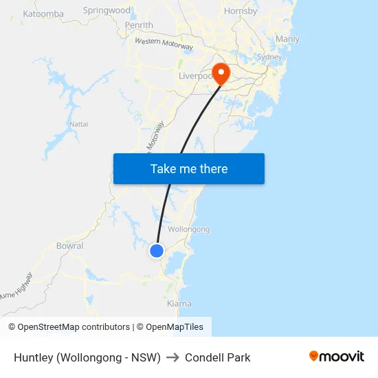 Huntley (Wollongong - NSW) to Condell Park map