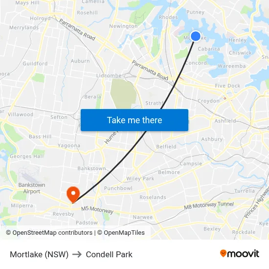 Mortlake (NSW) to Condell Park map