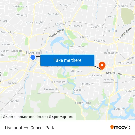 Liverpool to Condell Park map