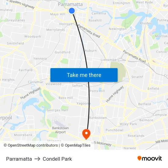 Parramatta to Condell Park map