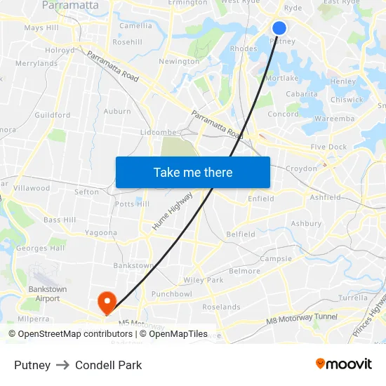 Putney to Condell Park map
