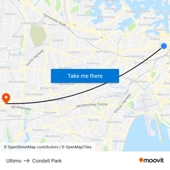 Ultimo to Condell Park map