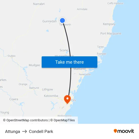 Attunga to Condell Park map