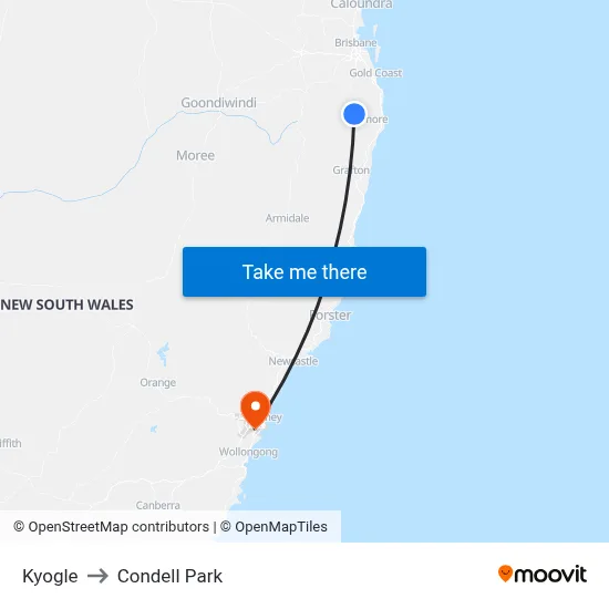 Kyogle to Condell Park map