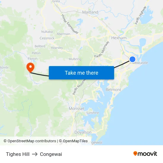 Tighes Hill to Congewai map