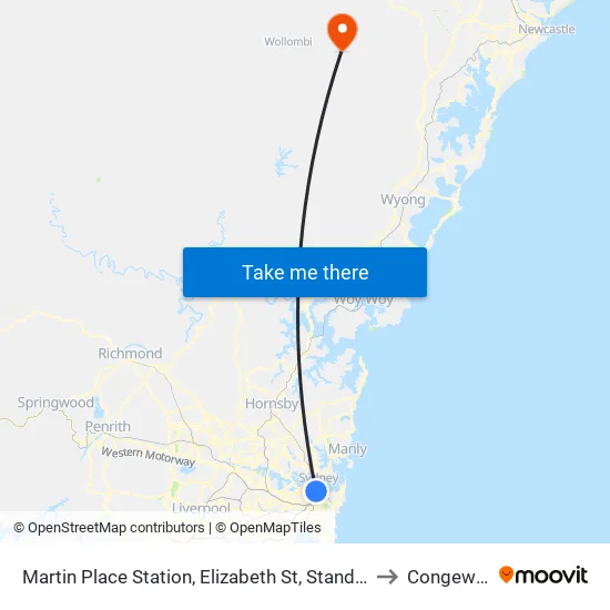Martin Place Station, Elizabeth St, Stand E to Congewai map