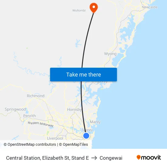 Central Station, Elizabeth St, Stand E to Congewai map