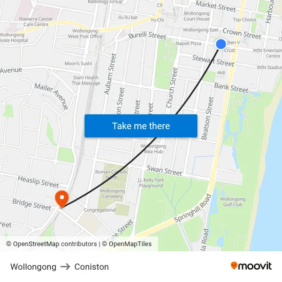 Wollongong to Coniston map