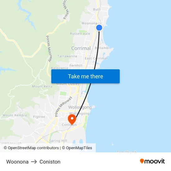 Woonona to Coniston map