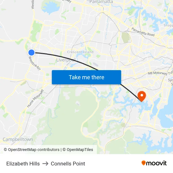 Elizabeth Hills to Connells Point map